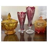 PPP128- 2 Red Ruby Cut Glass Bohemian Glasses & Footed Amberina Candy& Yellow Glass Candy Dish