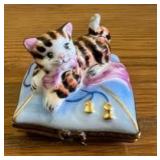 PPP134- Collectible Limoges France Porcelain Cat On Pillow Trinket Box