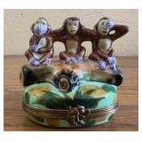 PPP136- Collectible Atelier De Limoges Porcelain 3 Monkeys Trinket Box