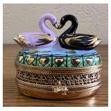PPP145- Collectible Atelier De Limoges Porcelain 2 Swan On Lake Trinket Box