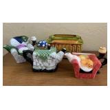 PPP158- Assorted Houston Harvest Decorative Ceramic Tea Pots & San Fransisco Trolley Napkin Holder 