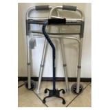 PPP226- Cardinal Health Foldable Walker & Blue Waves Quad Cane