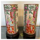 WWW021 Pair Of Chinese Porcelain Rose Medallion Vases On Wooden Stands