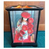 WWW111 Japanese Doll with Kimono in Plastic and Glass Case