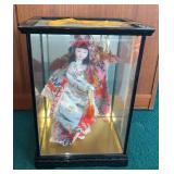 WWW112 Japanese Doll with Kimono and Helmet in Lacquer and Glass Case