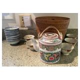 WWW121 Rose Medallion Teapot In Basket, Rice Bowls & Teacups