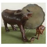 ADC054 Huge Vintage Wood Water Buffalo & Brass Platter
