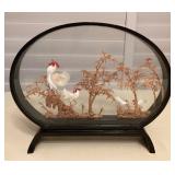 MMF036 Asian Black Lacquer Framed Diorama Of A Chicken Family 