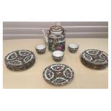 MMF044 Chinese Porcelain Rose Medallion Teapot, Cups & Plates
