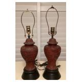 MMF049 Pair Of Chinese Carved Red Cinnabar? Table Lamps