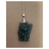 MMF113 Lucky Neko Cat Jade Pendant With Sterling Silver Chain New