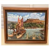 MMF126 Koa? Framed Picture Of Native Hawaiians Sailing In A Double Hulled Canoe