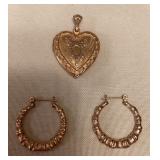 TTT510 14K Gold Hoop Earrings & 12K GF Heart Shaped Locket