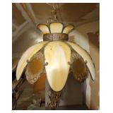 TTT603-Interesting Victorian Tiffany Like Style Slag Glass Possibly Bronze Pendant Chandelier