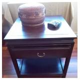 MFA040 Beautiful Wood Side Table, Basket & Ceramic Art