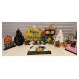 MMB115 Two Lighted Ceramic Halloween Trees & Wooden Halloween Decor