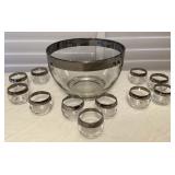 MMB180 Vintage Dorothy Thorpe? Silver Rimmed Roly Poly Punch Bowl & Glasses