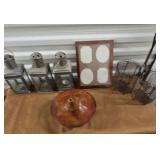 FTH197-Interesting Lot Containing Vintage Metal Candle Holders, Vintage Wire Wine Carriers, Etc.