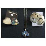 MDC145 Shamrock Pendant Necklace, Heart & Round Silver Earrings