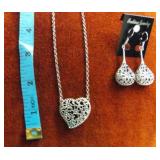 MDC149 Silver Heart Shape Necklace and Dangling Earrings