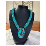 PTH011- Genuine Myrna Lee Chang Turquoise Color Disc Necklace And Resin Pendant