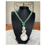PTH013- Genuine Myrna Lee Chang Adventurine Necklace With Jade Bead & Mother Of Pearl Pendant 