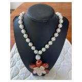 PTH017- Genuine Myrna Lee Chang Shell Pearl Necklace With Carnetian & Mother Of Pearl