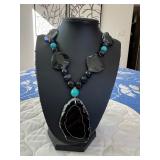PTH050- Genuine Myrna Lee Chang Obsidian Moonstone & Turquoise Bead Necklace