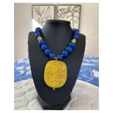 PTH051- Vintage Myrna Lee Chang Blue Agate & Yellow Lucite Beaded Necklace 