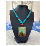 PTH055- Myrna Lee Chang Turquoise & Coral Bead Necklace With Antique Peking Glass Pendant 