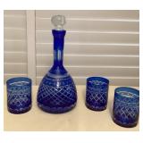 MCS064 Bohemian Cobalt Blue Cut To Clear Crystal Decanter & Cups Set