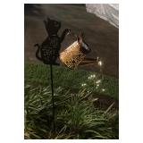 MCS115 Set Of Two Metal Cats Holding Solar Powered Lighted Watering Cans New