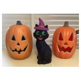 MCS166 Halloween Black Cat Blow Mold & Two Lighted Pumpkins New