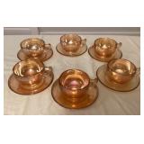 MCS238 Set Of Six Vintage Marigold Carnival Glass Teacups & Saucers
