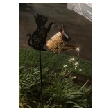 MCS114 Set Of Two Metal Cats Holding Solar Powered Lighted Watering Cans New