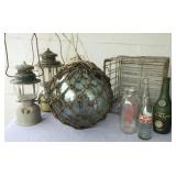 AHC241 Vintage Glass Float, Bottles, Milk Crate, Lanterns 