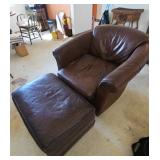 BEE034-Comfortable Medium Sized Brownish Pleather Armchair W/ Rectangle Ottoman