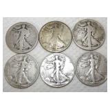 FHK442 Six Mixed Dates Walking Liberty Half Dollar Coins