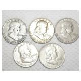 FHK452 Five Mixed Dates Ben Franklin Silver Half Dollar Coins