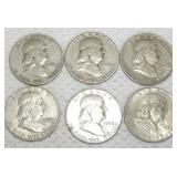 FHK454 Six More Mixed Ben Franklin Silver Half Dollar Coins