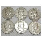 FHK456 Six Mix Dates Ben Franklin Silver Half Dollar Coins