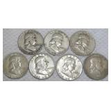 FHK458 Seven Mixed Dates Ben Franklin Silver Half Dollar Coins