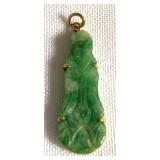 MCM002 Beautiful Carved Green Jade Guan Yin Pendant with 14K Gold Accents