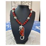 BAP514 - Beautiful Myrna Lee Chang Carnelian Necklace With Sea Horse Pendant