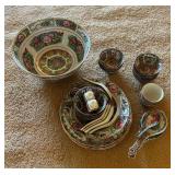 RSN043- Vintage Chinese Famile Rose Medallion Porcelain Bowls, Plate, Spoons, Tea Cups