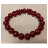 MMM042 Beaded Cinnabar Bracelet With Two Carved Foo Dogs New