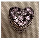 MMM052 Sterling Silver Heart Charm With Pink Gem Like Stones New