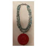 MMM068 Two Strand Turquoise? Stone Necklace With Carved Cinnabar Pendant