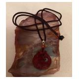 MMM072 Carved Cinnabar Fish Pendant On Adjustable Black Cord Necklace New