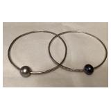 MMM091 Two Silver Toned Tahitian Pearl Bangle Bracelets 